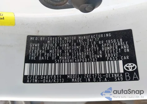 2017 Toyota Corolla Le from USA, damaged, VIN 5YFBURHE4HP681282